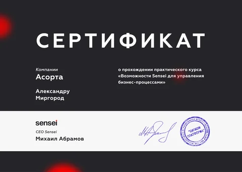 Сертификат Sensei — курс пройден (Александр Миргород)